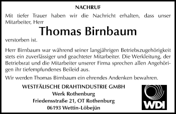 Traueranzeige von Thomas Birnbaum von Mitteldeutsche Zeitung Halle/Saalkreis