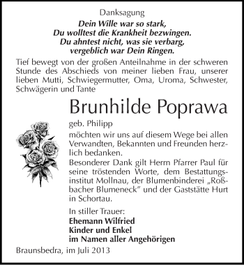 Traueranzeige von Brunhilde Poprawa von Mitteldeutsche Zeitung Merseburg/Querfurt