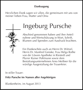 Traueranzeige von Ingeburg Pursche von Mitteldeutsche Zeitung Sangerhausen