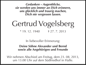 Traueranzeige von Gertrud Vogelsberg von Mitteldeutsche Zeitung Halle/Saalkreis