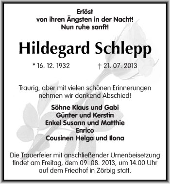 Traueranzeige von Hildegard Schlepp von Mitteldeutsche Zeitung Bitterfeld