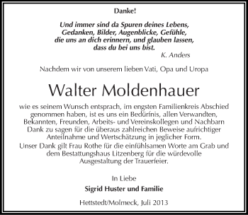 Traueranzeige von Walter Moldenhauer von Mitteldeutsche Zeitung Mansfelder Land