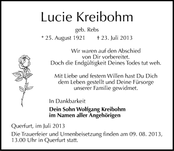 Traueranzeige von Lucie Kreibohm von Mitteldeutsche Zeitung Merseburg/Querfurt