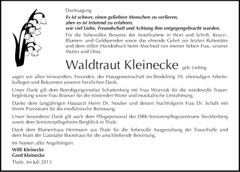 Traueranzeige von Waldtraut Kleinecke von Mitteldeutsche Zeitung Quedlinburg