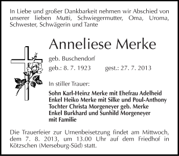Traueranzeige von Anneliese Merke von Mitteldeutsche Zeitung Merseburg/Querfurt