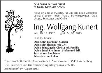 Traueranzeige von Wolfgang Kunert von Mitteldeutsche Zeitung Bitterfeld