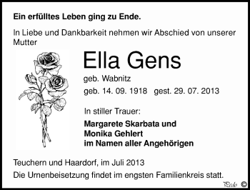 Traueranzeige von Ella Gens von Mitteldeutsche Zeitung Weißenfels