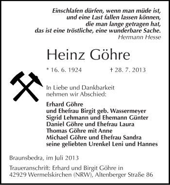 Traueranzeige von Heinz Göhre von Mitteldeutsche Zeitung Merseburg/Querfurt