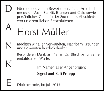 Traueranzeige von Horst Müller von Mitteldeutsche Zeitung Sangerhausen