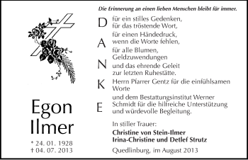 Traueranzeige von Egon Ilmer von Mitteldeutsche Zeitung Quedlinburg