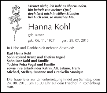 Traueranzeige von Hanna Kohl von Mitteldeutsche Zeitung Halle/Saalkreis