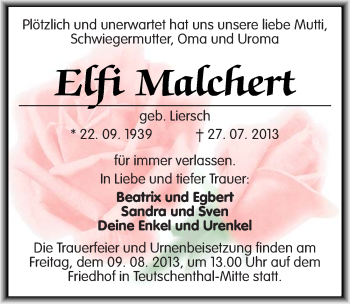 Traueranzeige von Elfi Malchert von Mitteldeutsche Zeitung Halle/Saalkreis