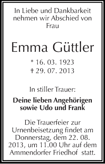 Traueranzeige von Emma Güttler von Mitteldeutsche Zeitung Halle/Saalkreis