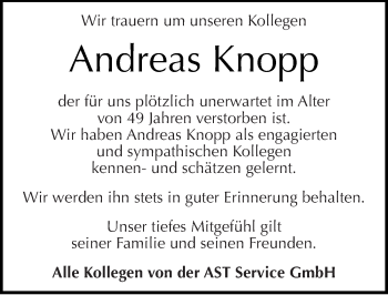 Traueranzeige von Andreas Knopp von Mitteldeutsche Zeitung Merseburg/Querfurt