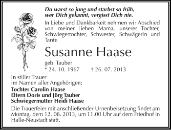 Traueranzeige von Susanne Haase von Mitteldeutsche Zeitung Halle/Saalkreis