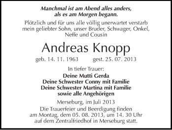 Traueranzeige von Andreas Knopp von Mitteldeutsche Zeitung Merseburg/Querfurt