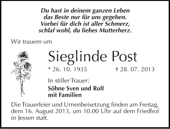 Traueranzeige von Sieglinde Post von Mitteldeutsche Zeitung Wittenberg