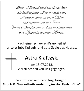 Traueranzeige von Astra Krafczyk von Mitteldeutsche Zeitung Halle/Saalkreis