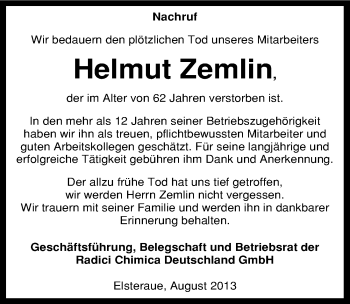 Traueranzeige von Helmut Zemlin von Mitteldeutsche Zeitung Zeitz