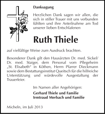 Traueranzeige von Ruth Thiele von Mitteldeutsche Zeitung Köthen