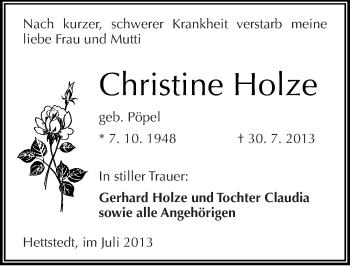 Traueranzeige von Christine Holze von Mitteldeutsche Zeitung Mansfelder Land