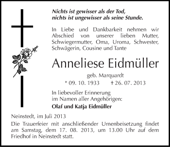 Traueranzeige von Anneliese Eidmüller von Mitteldeutsche Zeitung Quedlinburg