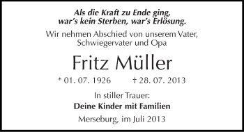 Traueranzeige von Fritz Müller von Mitteldeutsche Zeitung Merseburg/Querfurt