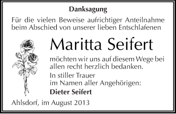 Traueranzeige von Maritta Seifert von Mitteldeutsche Zeitung Mansfelder Land