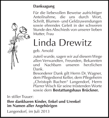 Traueranzeige von Linda Drewitz von Mitteldeutsche Zeitung Weißenfels