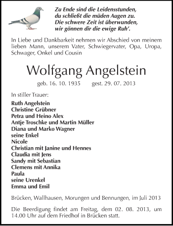 Traueranzeige von Wolfgang Angelstein von Mitteldeutsche Zeitung Sangerhausen