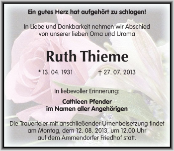 Traueranzeige von Ruth Thieme von Mitteldeutsche Zeitung Halle/Saalkreis