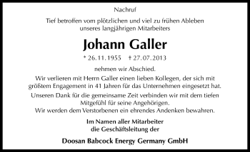 Traueranzeige von Johann Galler von Mitteldeutsche Zeitung Halle/Saalkreis