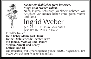 Traueranzeige von Ingrid Weber von Mitteldeutsche Zeitung Halle/Saalkreis
