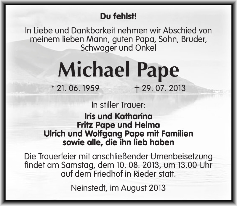  Traueranzeige für Michael Pape vom 03.08.2013 aus Mitteldeutsche Zeitung Quedlinburg