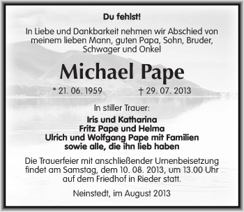 Traueranzeige von Michael Pape von Mitteldeutsche Zeitung Quedlinburg