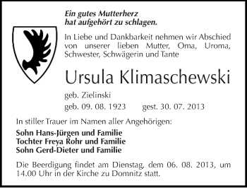 Traueranzeige von Ursula Klimaschewski von Mitteldeutsche Zeitung Halle/Saalkreis