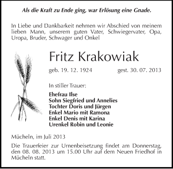 Traueranzeige von Fritz Krakowiak von Mitteldeutsche Zeitung Merseburg/Querfurt