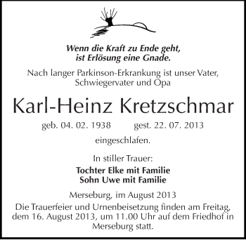 Traueranzeige von Karl-Heinz Kretzschmar von Mitteldeutsche Zeitung Merseburg/Querfurt