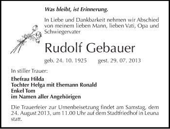 Traueranzeige von Rudolf Gebauer von Mitteldeutsche Zeitung Merseburg/Querfurt