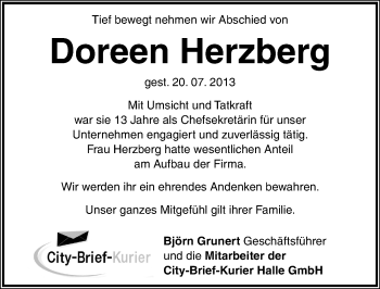 Traueranzeige von Doreen Herzberg von Mitteldeutsche Zeitung Halle/Saalkreis