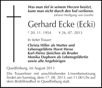Traueranzeige von Gerhard Ecke von Mitteldeutsche Zeitung Quedlinburg
