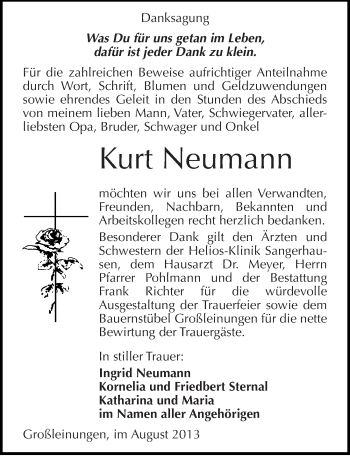 Traueranzeige von Kurt Neumann von Mitteldeutsche Zeitung Sangerhausen