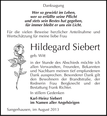 Traueranzeige von Hildegard Siebert von Mitteldeutsche Zeitung Sangerhausen