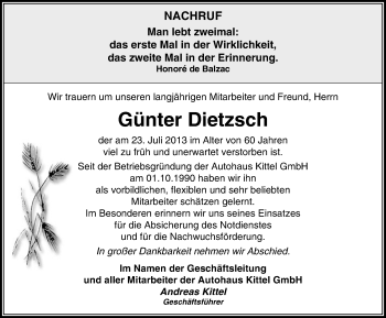 Traueranzeige von Günter Dietzsch von Mitteldeutsche Zeitung Weißenfels