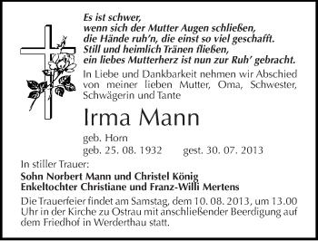 Traueranzeige von Irma Mann von Mitteldeutsche Zeitung Halle/Saalkreis