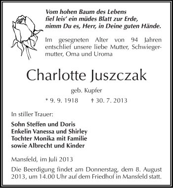 Traueranzeige von Charlotte Juszczak von Mitteldeutsche Zeitung Mansfelder Land