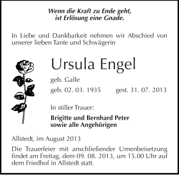 Traueranzeige von Ursula Engel von Mitteldeutsche Zeitung Sangerhausen