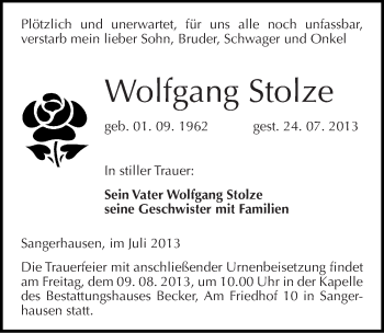 Traueranzeige von Wolfgang Stolze von Mitteldeutsche Zeitung Sangerhausen