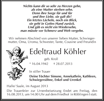 Traueranzeige von Edeltraud Köhler von Mitteldeutsche Zeitung Mansfelder Land