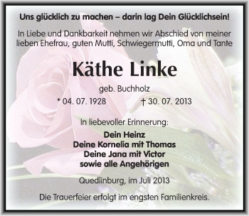 Traueranzeige von Käthe Linke von Mitteldeutsche Zeitung Quedlinburg
